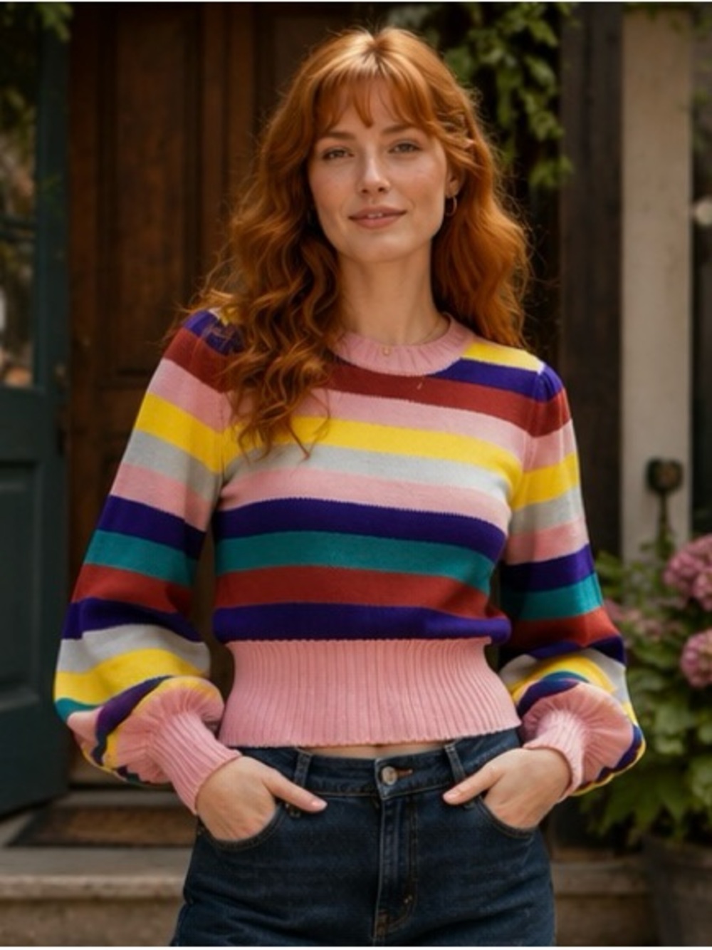 Rachel Antonoff Bridget Puff Sleeve Sweater Merino Alpaca Rainbow Stripe S